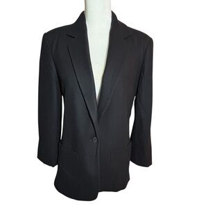 J Crew Black Wool Single Button Blazer Front Patch Pockets Striped Lining Sz 4